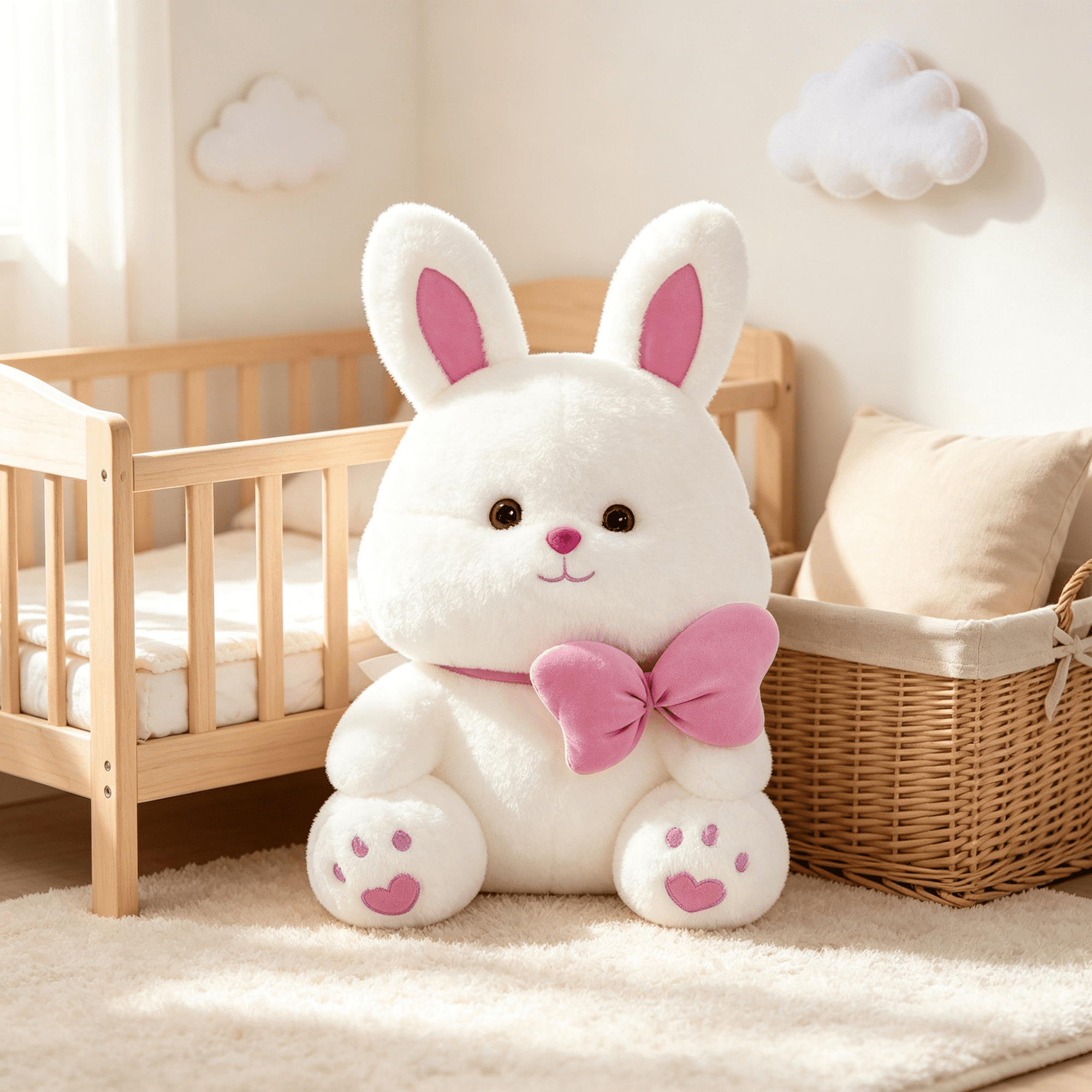 Snuggly Premium Bunny Plush Toys 13.78 Chubby Sitting White Rabbit Stuffed Animals with Pretty Pink Bow Comfort Plush Throw Pillows for Baby Shower Indoor Room Decoration