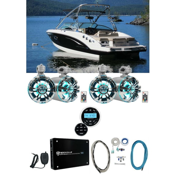(4) Rockville 6.5" LED Swivel Marine Wakeboard Speakers Receiver Amplifier Wires