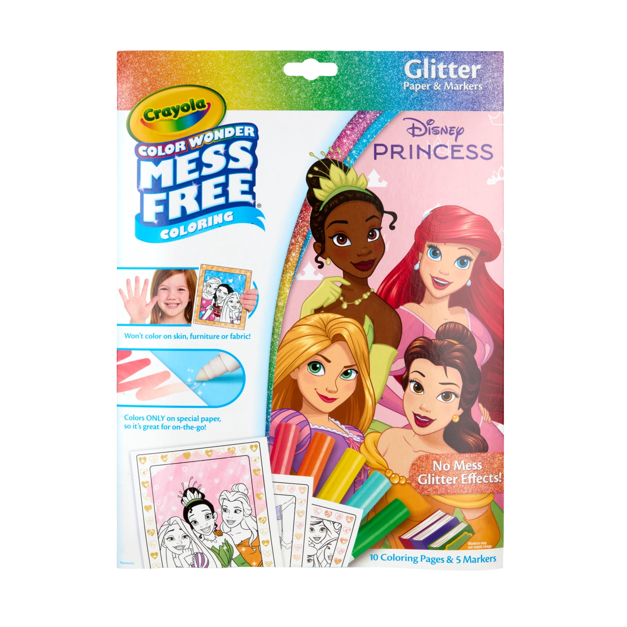 Crayola Color Wonder Disney Princess Glitter Coloring Pages & Mess Free Markers, 10 Pgs, Preschool Supplies, Travel Activities, Art Gift for Toddlers, 3+