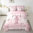 thumbnail image 2 of Homewish Girly Pink Letter T Bedding Comforter Set 7pcs, Romantic Glitter Diamond Queen Bedding Sets, Teens Kids Girls Women Reversible Queen Sheet Sets, Lightweight Room Decor, 2 of 7