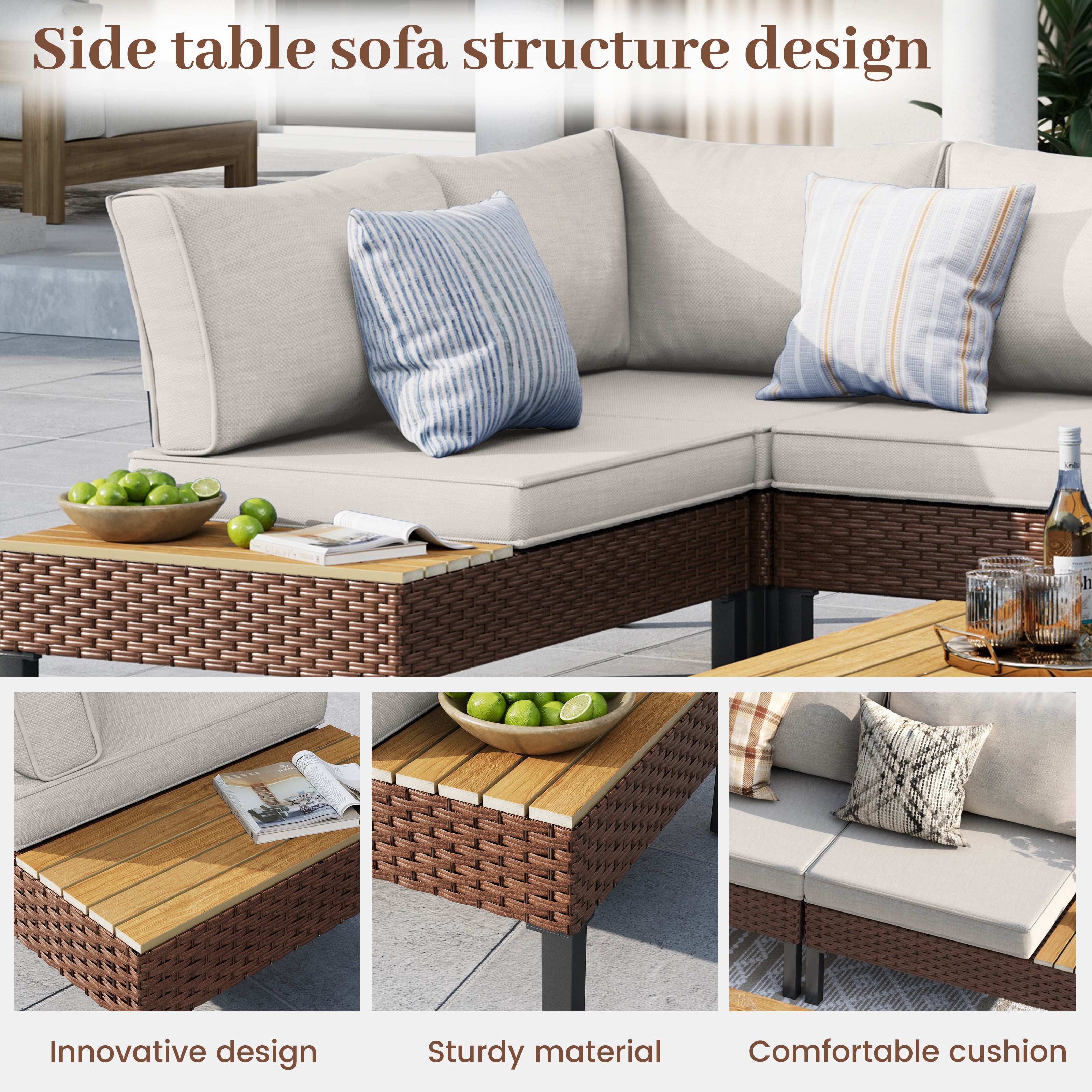 ELPOSUN Patio L Shaped Conversation Sectional Sofa Set with Coffee Table, 5 Pieces Patio Furniture Seating Group with Side Table for Backyard Garden, Beige Grey
