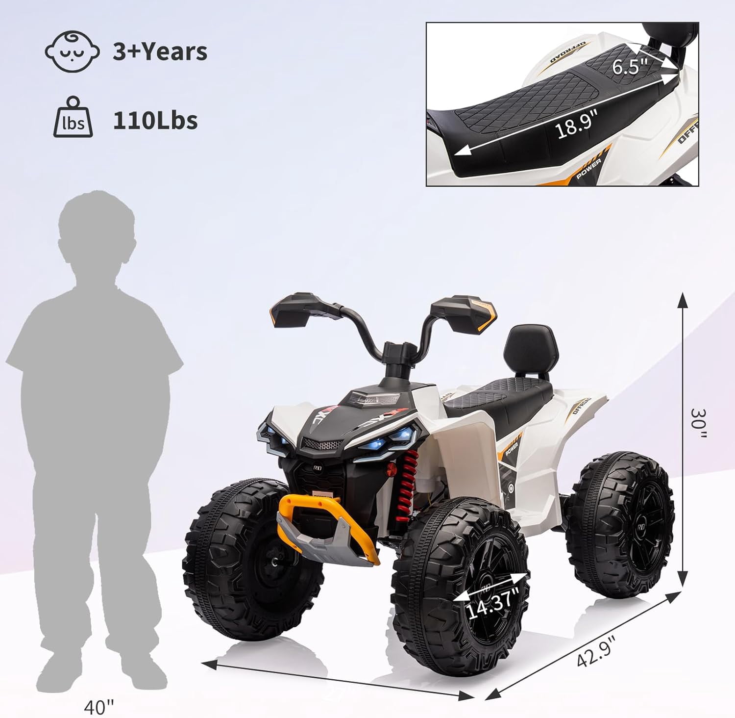 24V Ride-On 2-Seater Electric ATV for Kids – Four-Wheel Off-Road Vehicle with 3-Speed Control, Hydraulic Suspension, Disc Brakes, LED Lights, MP3 Player & Multi-Axis Steering, White