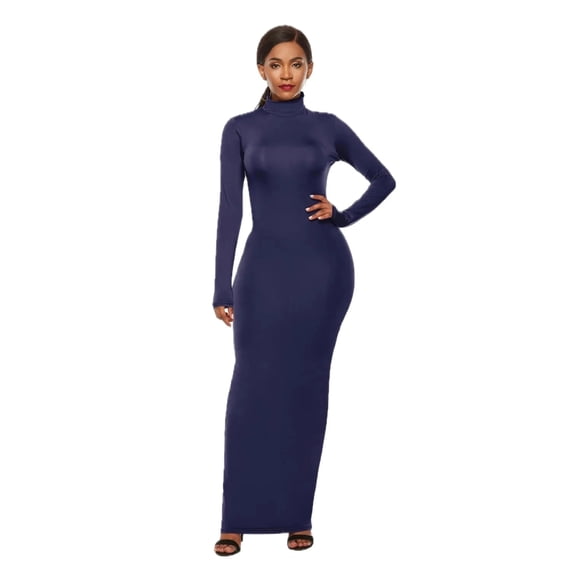 Women's Mock Neck Long Sleeve Maxi Slim Dress 80% Polyester 20% Spandex with Comfortable Stretch and Sleek Silhouette