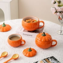 Ceramic Pumpkin Bowl With Lid | Microwaveable Thanksgiving Tableware | Orange Porcelain Pumpkin-Shaped Serving Dish | Oven Safe | 1 Piece | 7.08in Diameter