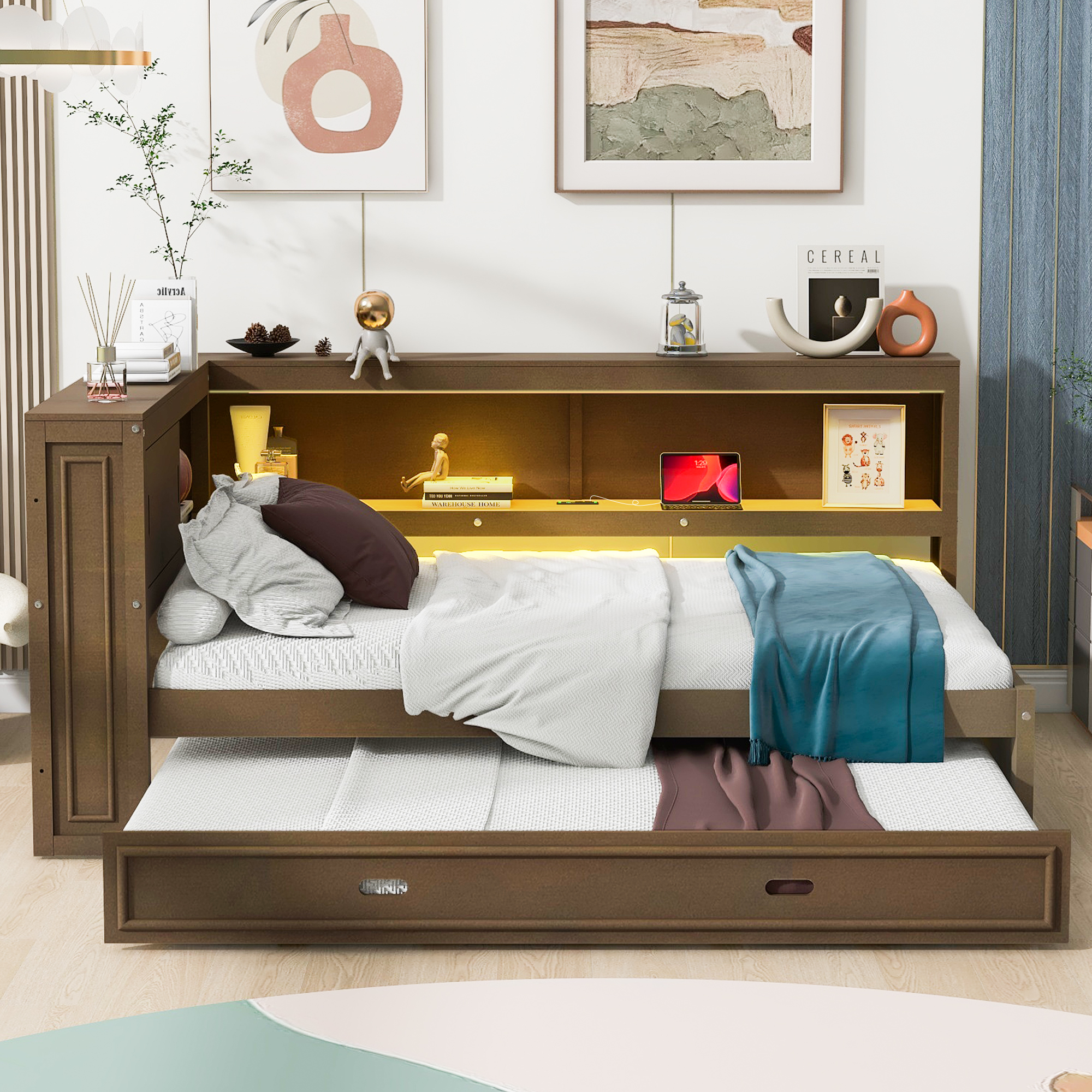 Euroco Wood Full Size Daybed with Storage Shelves and Trundle, USB Charging and LED Light, Wood