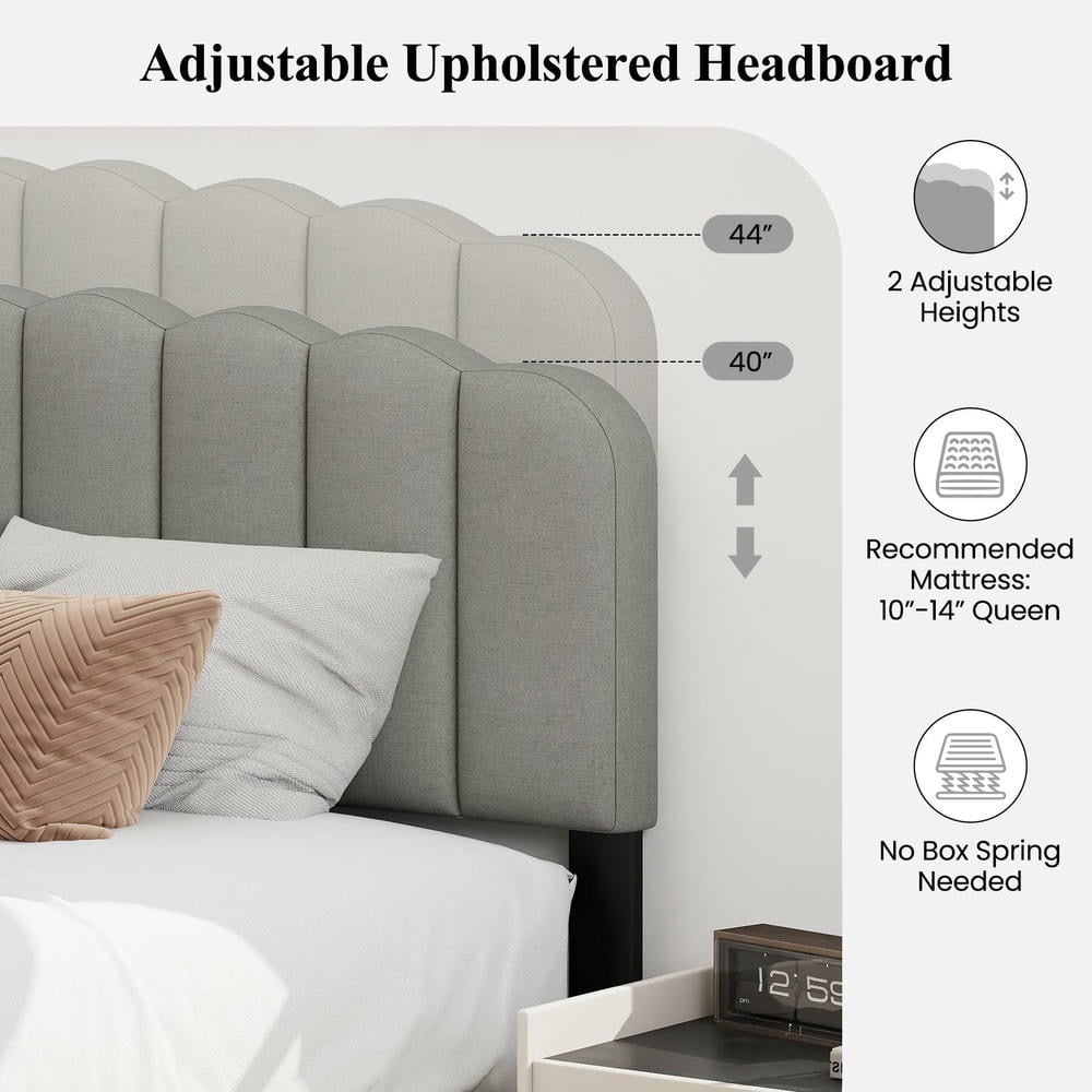Barara King Queen Size Bedroom Bed Frame with Adjustable Scalloped Tufted Headboard, Bed Platform Frame for Apartment, Bedroom, Gray