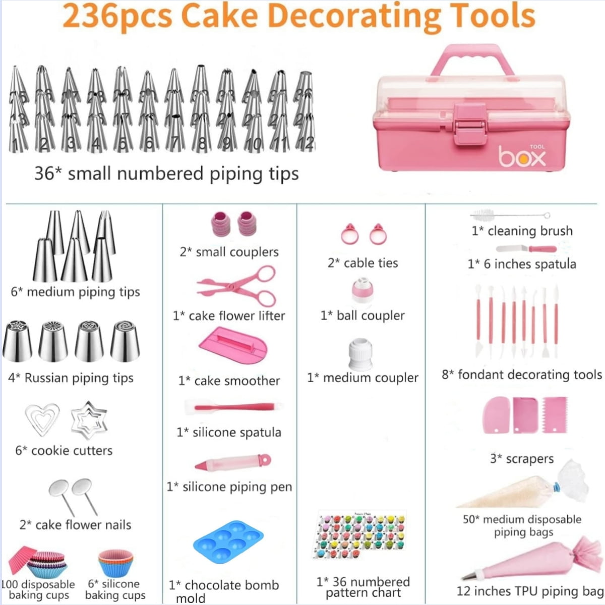 BSHAPPLUS® 236Pcs Cake Decorating Supplies Set,Cupcake Decorating Supplies with Storage Box,Pink Baking Supplies Tools,Piping Bags and Tips Set,Cake Pans,Frosting Bags,Icing Tips Pastry,Cake Scrapers