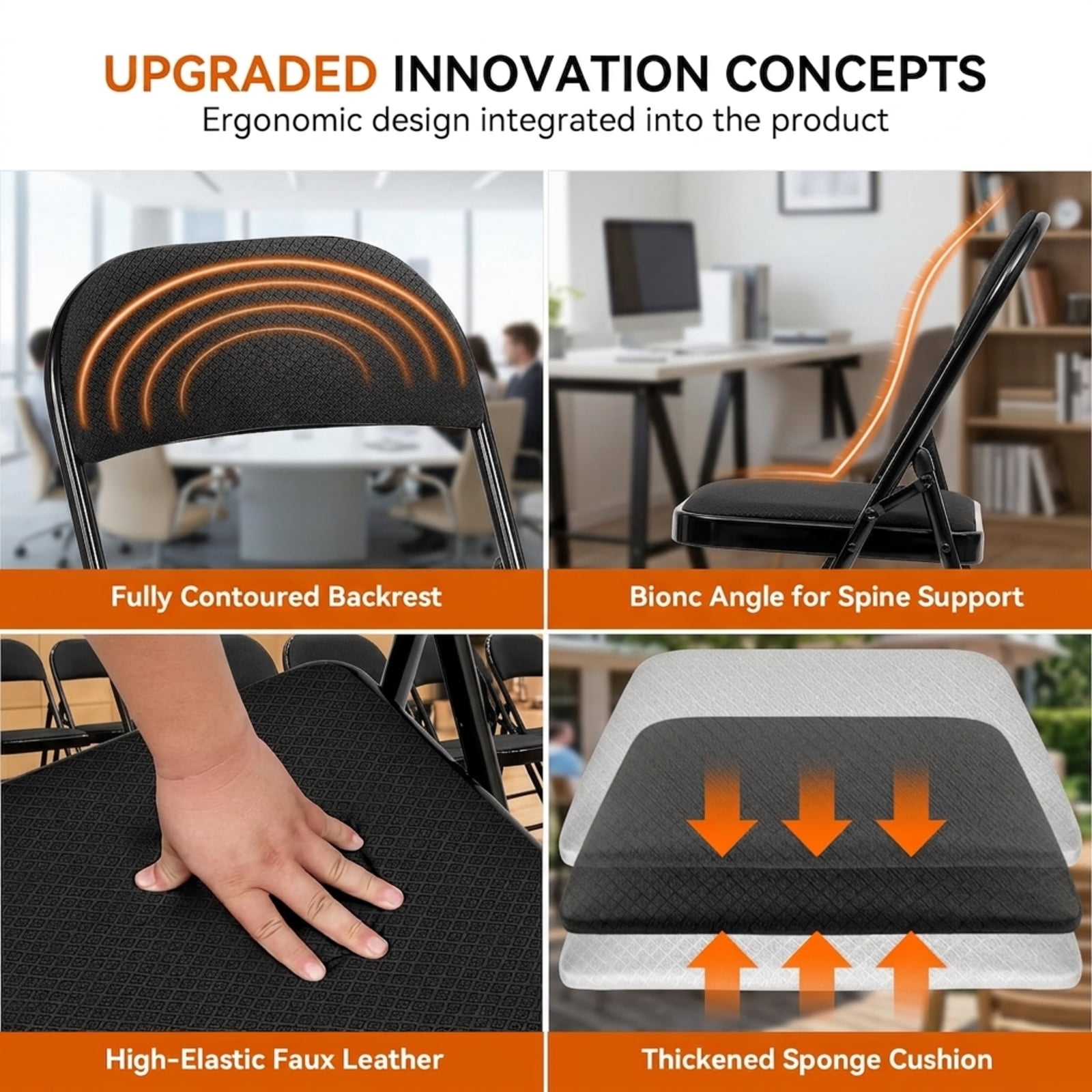 Fenbeli Woven Textilene Folding Chair, Black Breathable Padded Seat with Sturdy Metal Frame, Portable Seating for Home Office Dining and Events