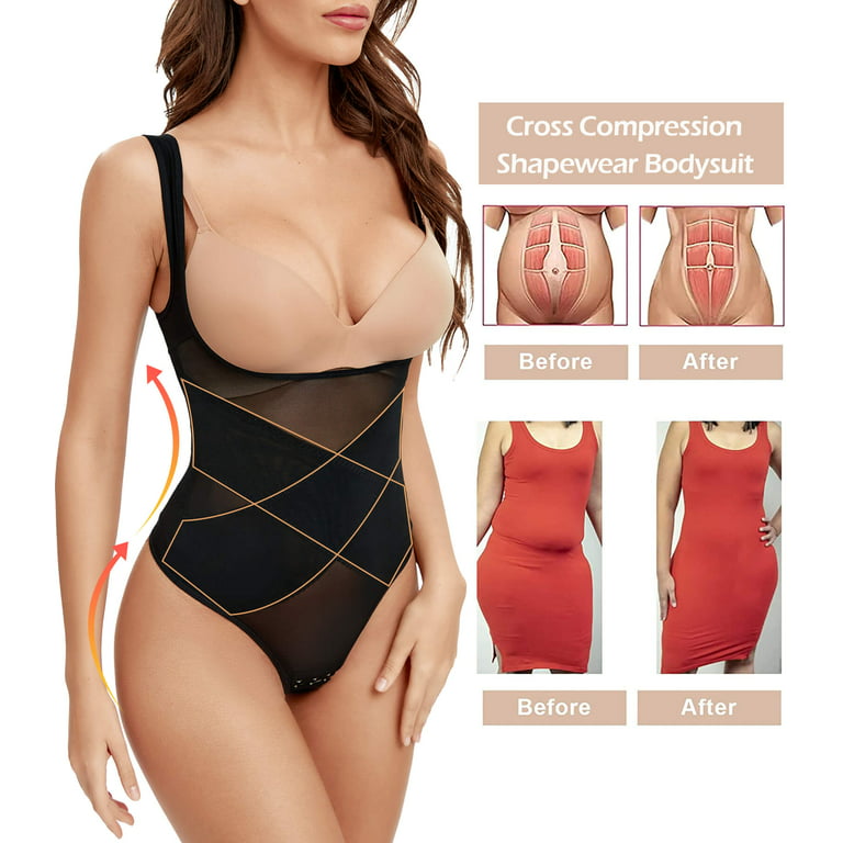 MANIFIQUE 2 Packs Thong Bodysuit for Women Tummy Control Shapewear Seamless  Sculpting Open Bust Body Shaper
