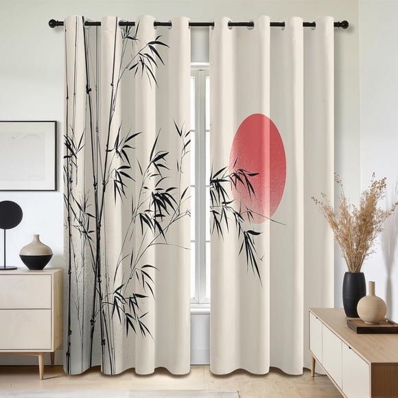 Asian Blackout Curtains, Oriental Bamboo Red Sun Window Curtains for Bedroom Living Room Kitchen, Thermal Insulated Grommet Drapes 42"W x 84"L (2 Pack)