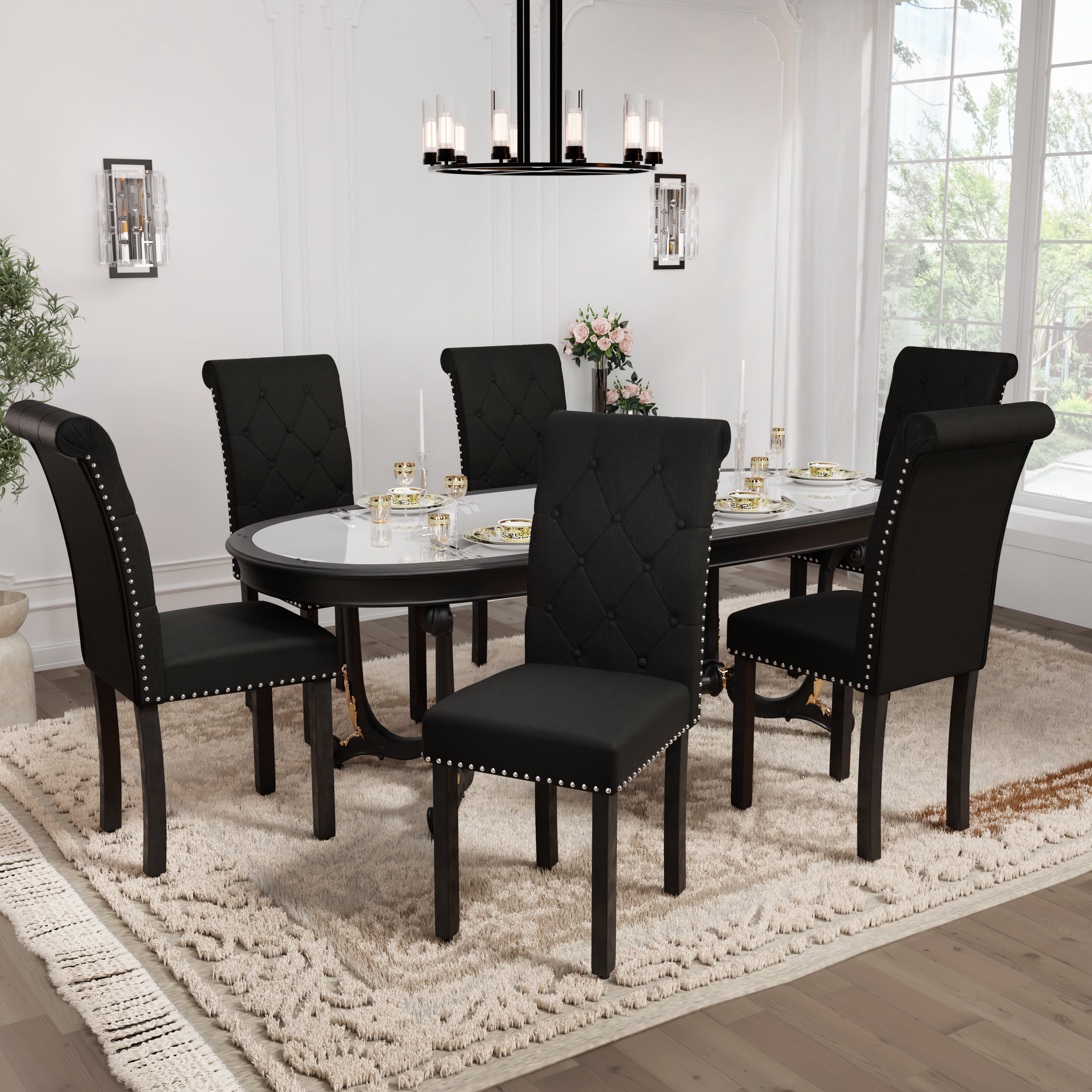 DONICK Rolled-Up High-Back Upholstered Dining Chairs With Tufted Solid Wood Legs Nailhead Trim For Home,Restaurant,Dining Room(Black,Set of 2)