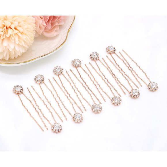 Ammei Tocado de cristal para novia, horquillas para el pelo, accesorios para el pelo de boda, conjunto de joyería con diamantes de imitación para novias y damas de honor, juego de 12 (oro rosa)