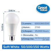 Great Value A21 LED 3-Way Light Bulb, Soft White, E26 Medium Base