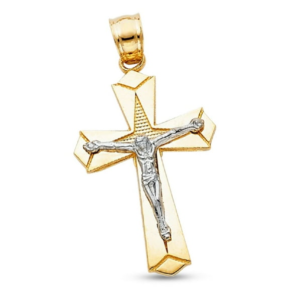 Mens Crucifix Jesus Contemporary Cross Pendant 14k Gold Solid Two Tone Religious Charm Design Genuine 25 mm x 18 mm