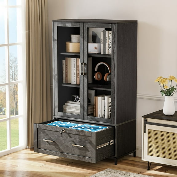 Ktaxon Lockable 4 Tier File Cabinet Bookcase with Letter Legal Size Drawer&Adjustable Shelves, Wood Bookshelf Storage with Glass Door, Black