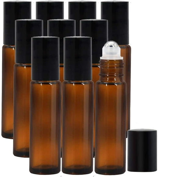 Roll-On Bottles for Essential Oils, Amber Color Refillable Glass Roller Bottles with Stainless Steel Balls 10pcs