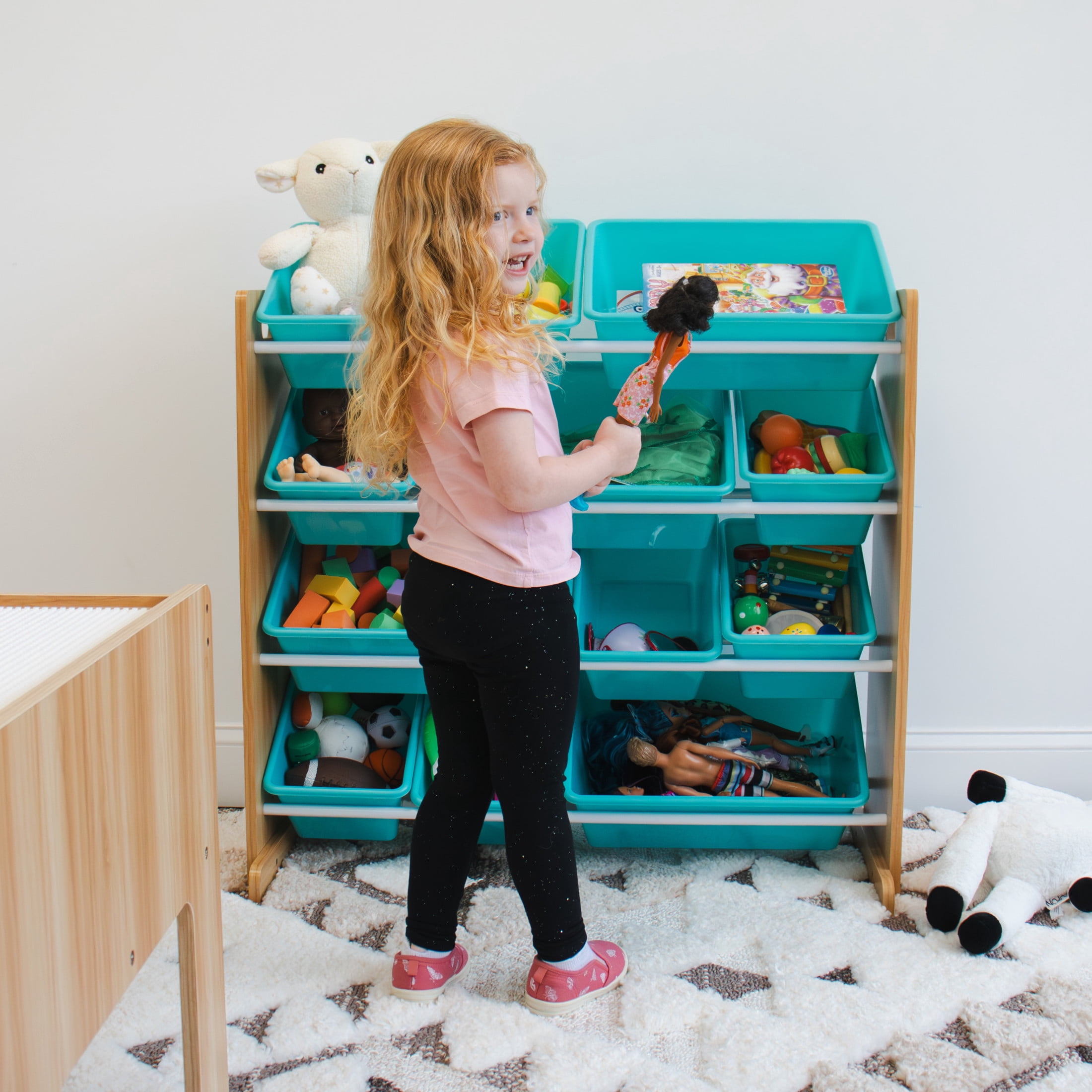 Humble Crew Skylar Natural and Aqua Toy Storage Organizer with 12 Bins