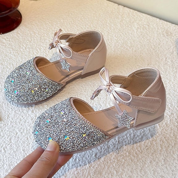 hengsof Sweet Princess Shoes for Girls Spring Summer Fashionable Rhinestone Star Leather Shoes Comfortable Versatile Crystal Shoes