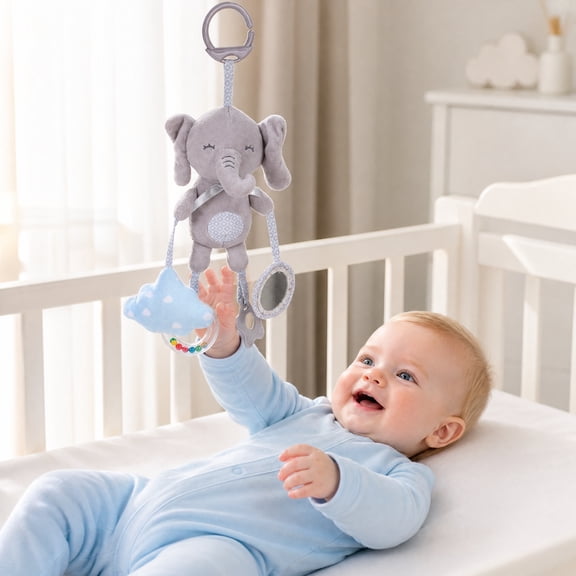 Kiddiway Baby Hanging Teether Toy with Soothing - Cute Plushies & Plush Figurine, Baby Car Toys & Stroller Toys, BPA-Free Teether, Sensory Play, Crib Stroller Attachable, Newborn,a
