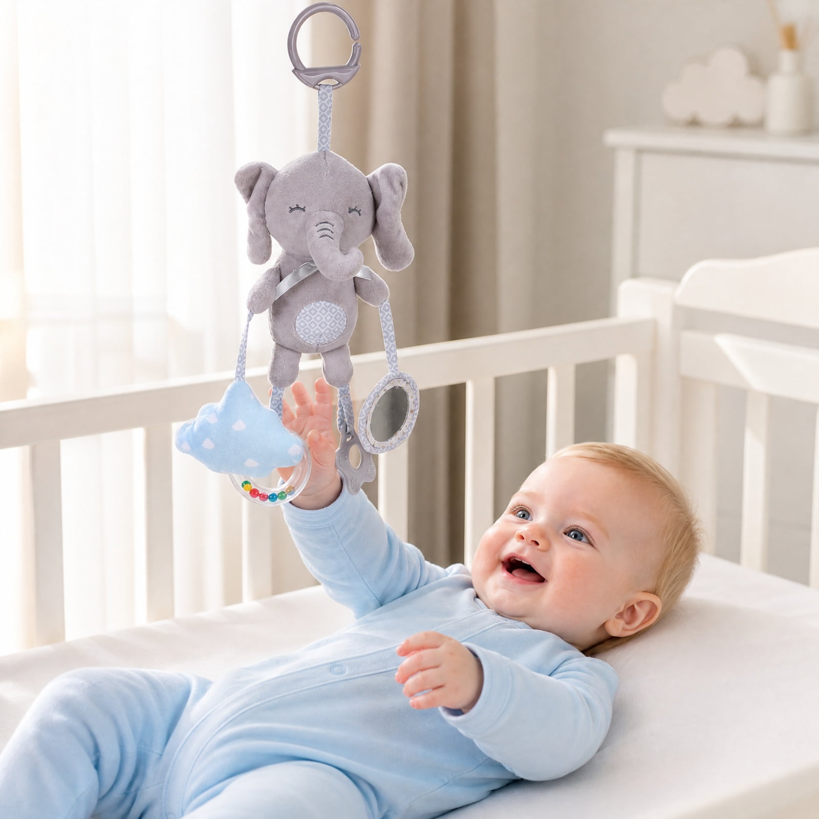 Kiddiway Baby Hanging Teether Toy with Soothing - Cute Plushies & Plush Figurine, Baby Car Toys & Stroller Toys, BPA-Free Teether, Sensory Play, Crib Stroller Attachable, Newborn,a