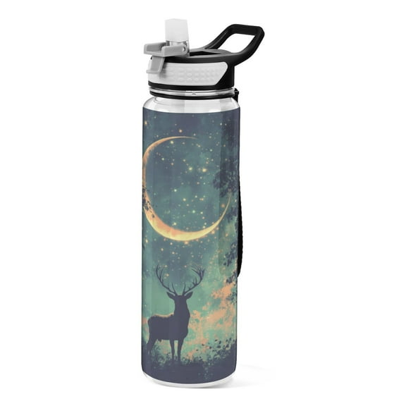 Qxltty Deer in The Mystic Forest Pattern Water Bottle 32 oz with Straw BPA Free Reusable Fitness Sport Bottle Perfect for Travel School Outdoors and Gym