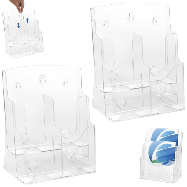 2Pcs Acrylic Brochure Holder 2-Tier Brochure Display Stand with Removable Divider Clear Literature Holder Large Capacity Reusable Flyer Display Stand for Tabletop Wall Mount Magazine Docu