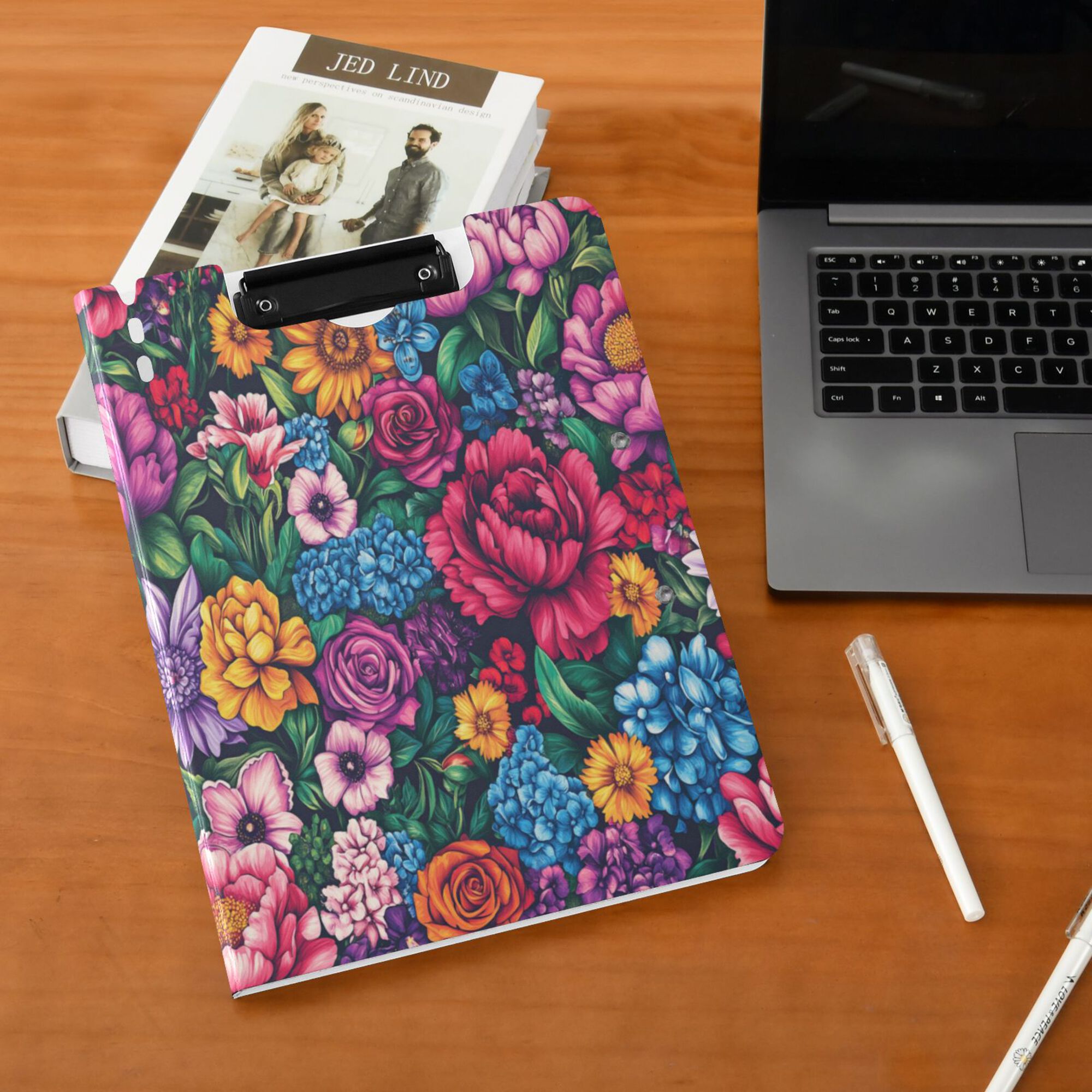 FORMRS A4 Clipboard Folder with Pen Holder Horizontal Foldable School Office Binder, Charming Floral Pattern