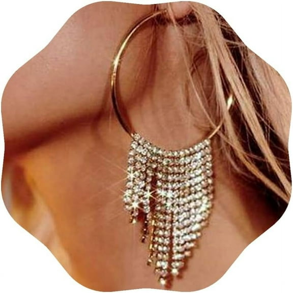 Large Rhinestone Hoop Earrings with Tassel Sparkly Round Earrings Dangle Earrings Wedding Prom Party Jewelry for Women