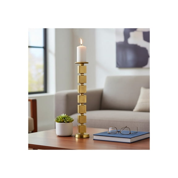 Decorative Stacked Cube Candle Holder for Home Decor - Tall Pillar Candlestick Holder for Dining Table Centerpiece - Elegant Entryway Acent, Mantel, or Living Room Display - 24", Gold & Metallic