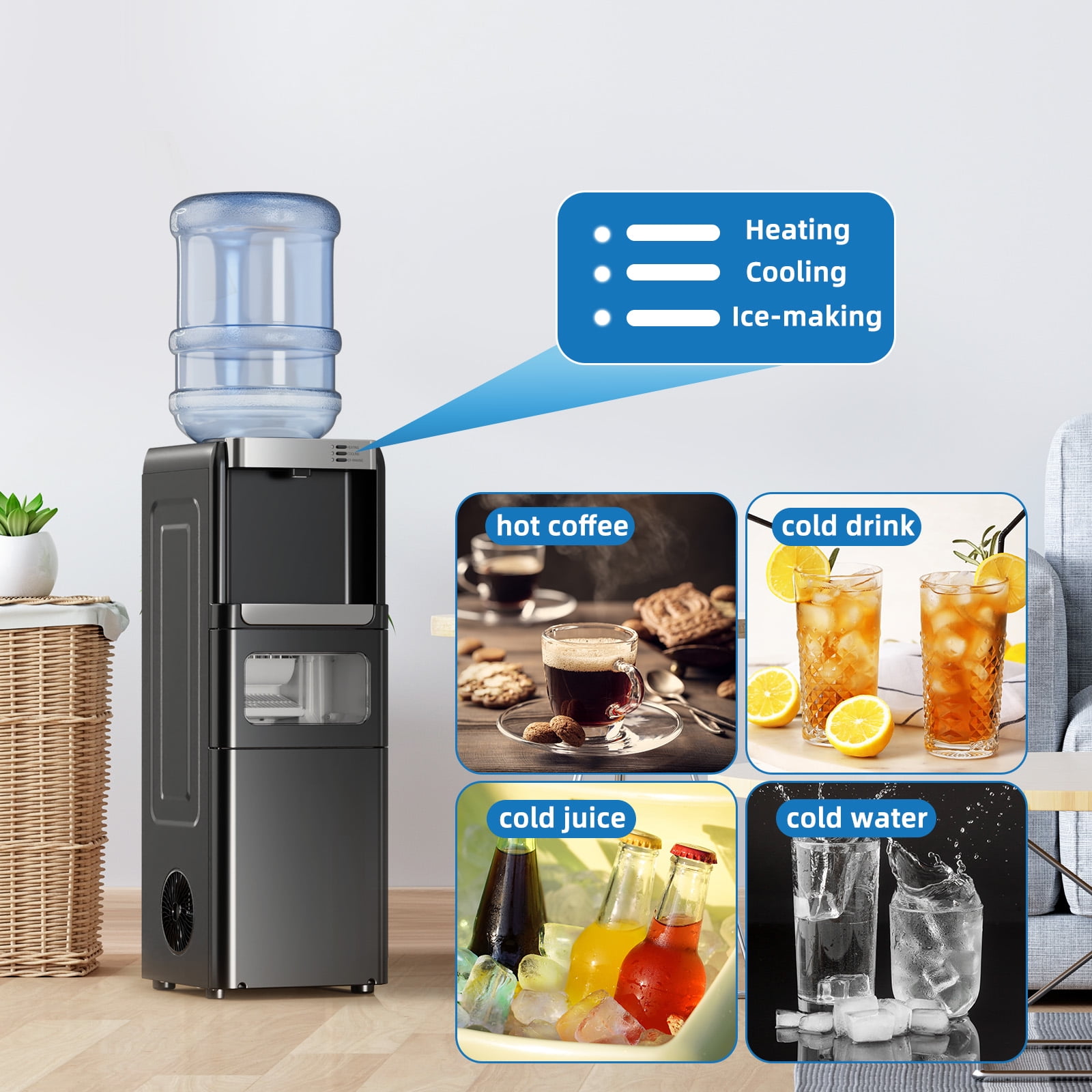 FREE VILLAGE Water Dispenser with Ice Maker,3-in-1 Water Cooler with Ice Maker, Hot & Cold Top-Loading Water Dispenser for 5 Gallon Bottle,33LBS/24H Ice Maker Output,Black