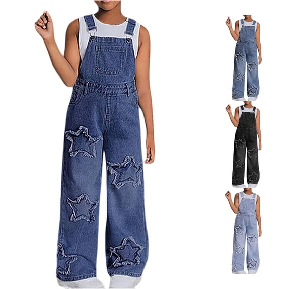 Krdevn Girls Adjustable Strap Star Patch Denim Overalls Wide Leg Multi Pocket Jumpsuit for Street School Summer Autumn Daily Wear,9-10 Years