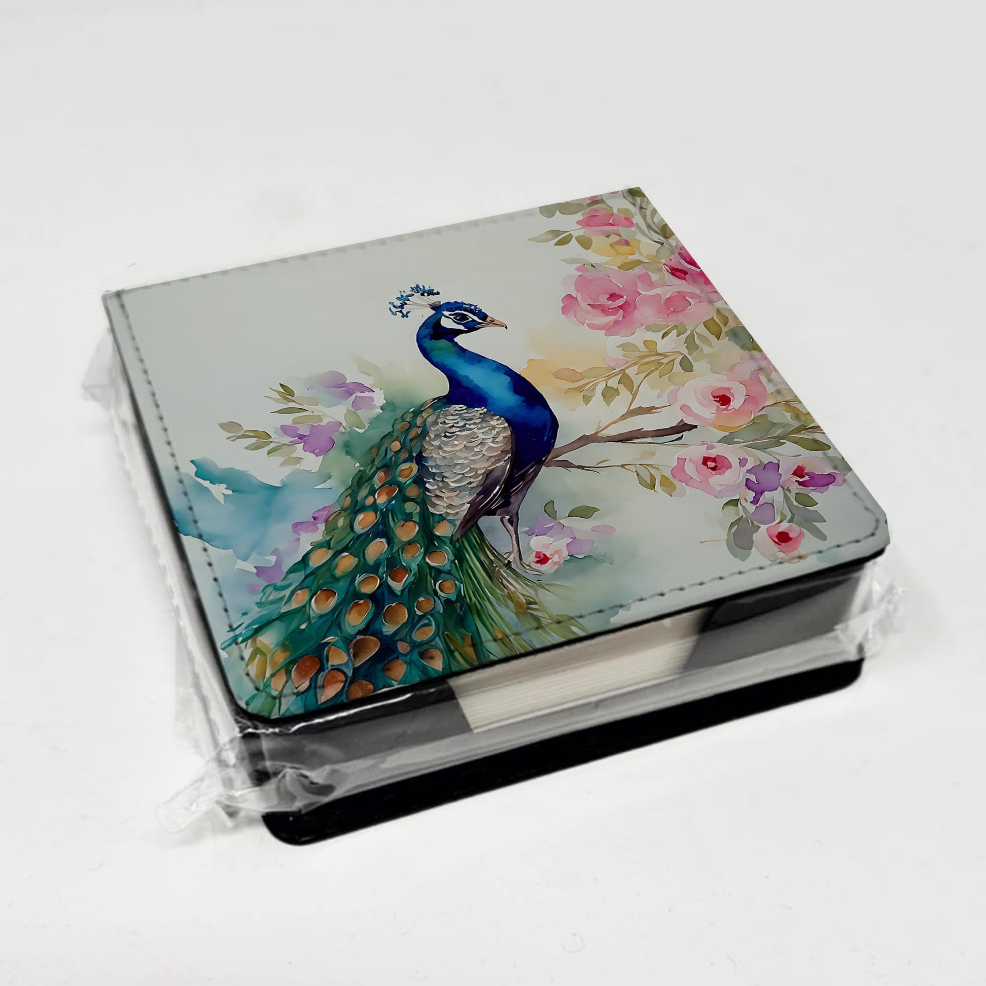 Caroline's Treasures Peacock PU Leather Note Paper Holder with Artist-Designed Cover, Desk Accessory, Office Gift