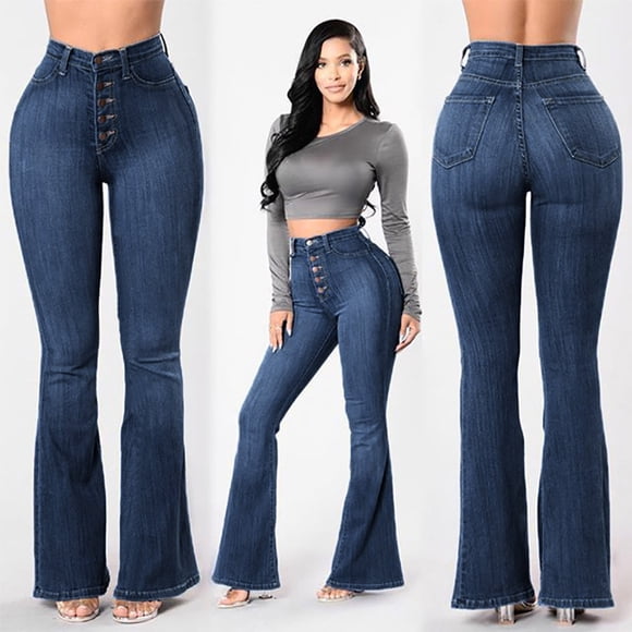 Bigersell Womens Jeans Stretchy Wide Leg Jeans Sale Black Skinny Jeans Ladies Skinny Denim Pants Button Closure Distressed Trouser Jeans Female Fitted High Waist Cropped Pants Style J-216 Navy XXL