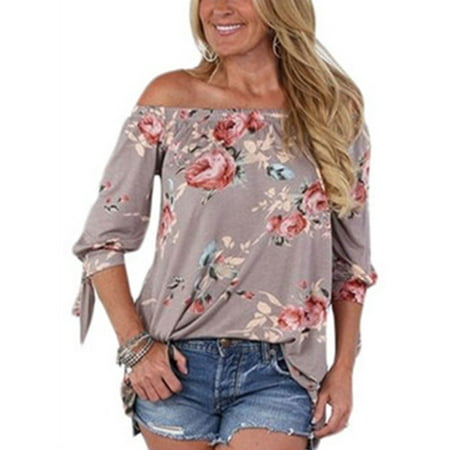 Casual Off Shoulder Tops for Women Summer Beach Loose Flower Printed Top Blouse Daliy Wear