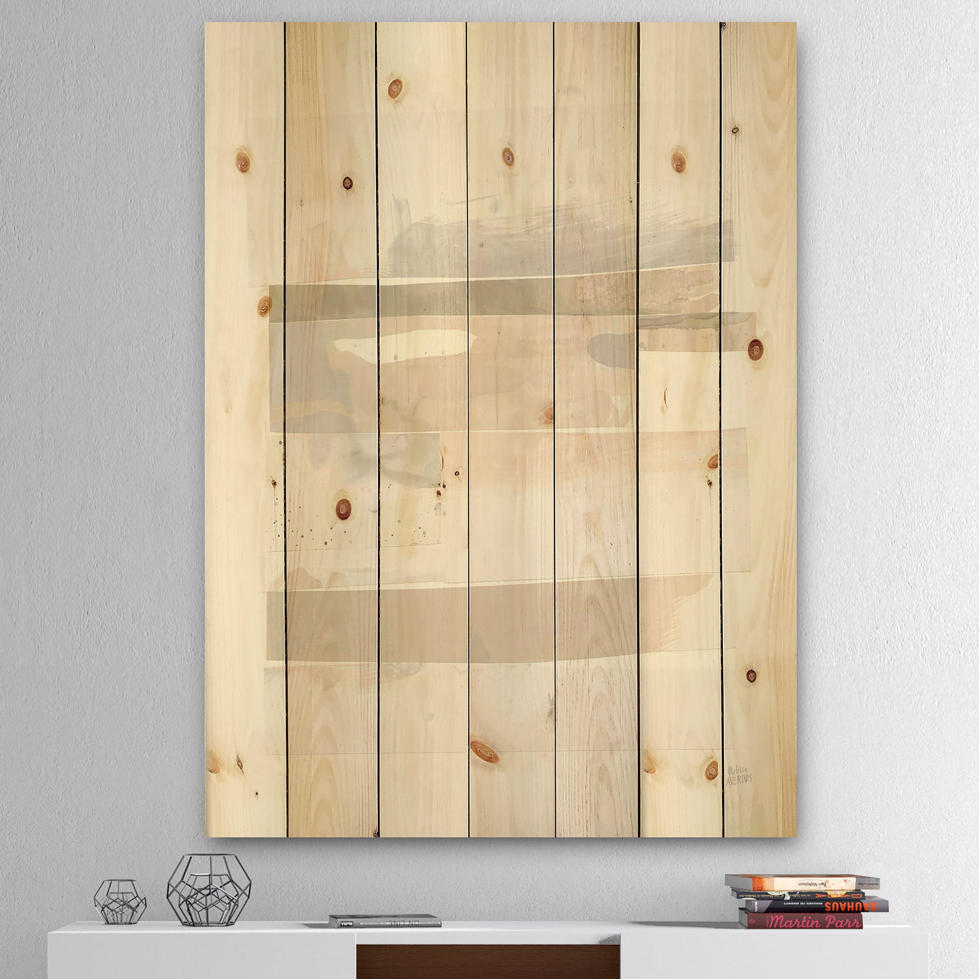 Designart 'Geometric Neutral Form IV' Shabby Chic Print on Natural Pine Wood