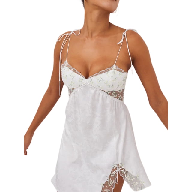 Fortune Robe Courte pour Femme à Bordure en Dentelle, Bretelles Spaghetti, Robes à Décolleté Plongeant, Robe Fendue