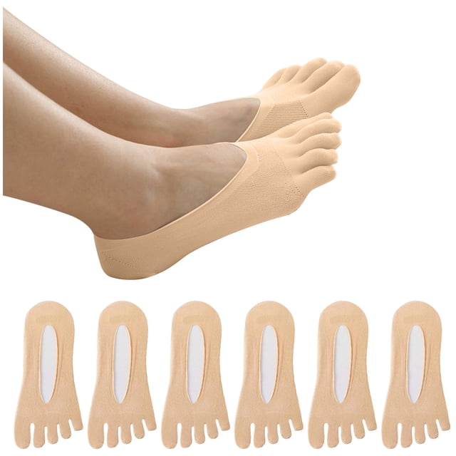 GDREDA Bunion Relief Socks for Women Toe Separator, Toe Alignment Socks for Bunion Correction, Compression Toe Socks No Show Low Cut Liner Five Finger Socks Beige,One Size