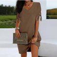 thumbnail image 1 of Puntoco Vestido De Manga Corta Con Cuello En V, Moda Casual Para Mujer, Manga Corta, Suelto Y Cómodo, Con Hombros Descubiertos Y Volantes Caqui M, 1 of 6