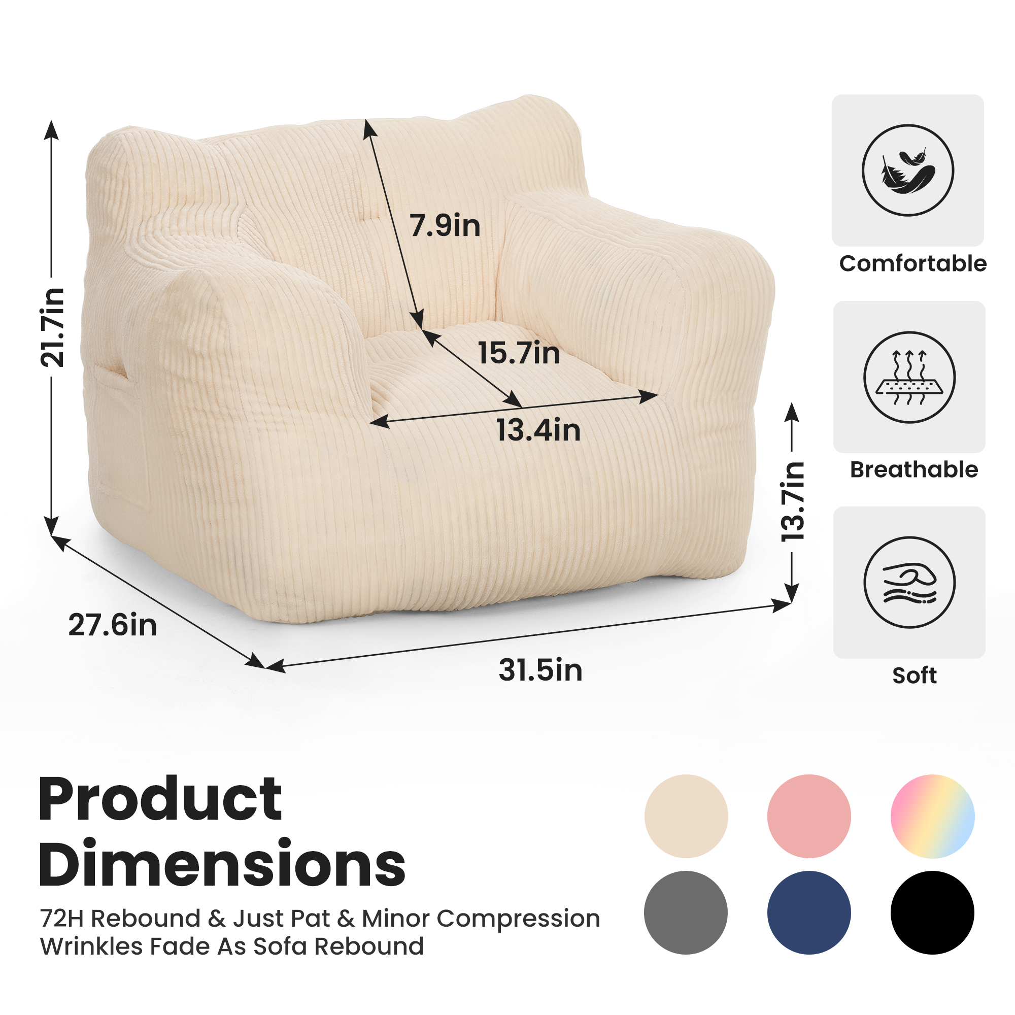 Foam Filled Bean Bag Chair, Plush Corduroy Lazy Sofa