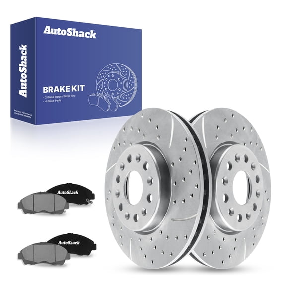 AutoShack 12.64" (321 mm) Front Vented Drilled & Slotted Brake Rotors Coated   Ceramic Brake Pads | Replacement for 2017-2020 GMC Acadia | Silver Zinc Coated | 6-PC Brake Kit | SilverShield Pro