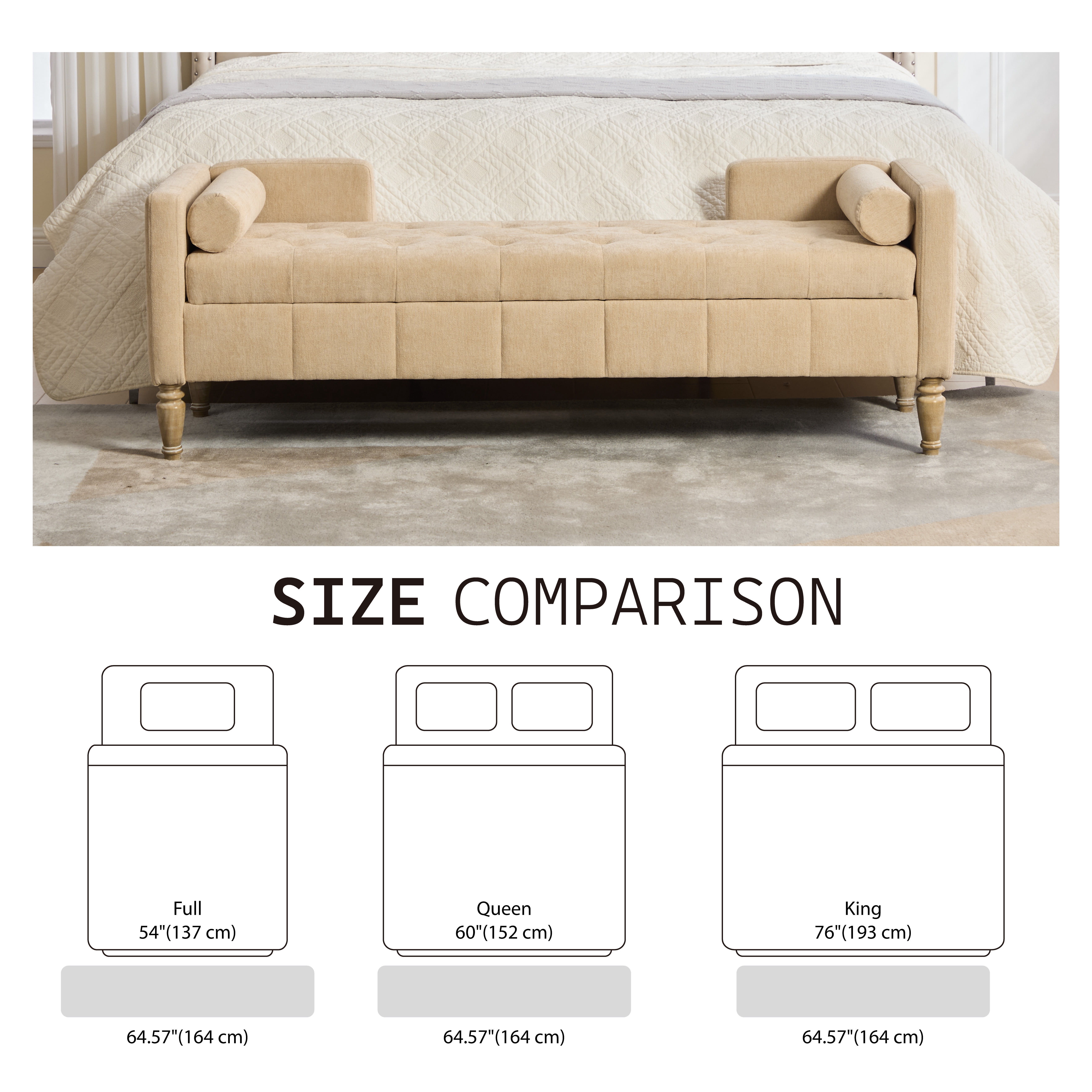64.6"W Upholstered Chenille Flip-top Storage End of Bed Bench, Tufted Accent Footrest with Armrests&Backrest&2 Bolsters Whitewashed Rubberwood Legs for Living Room, Hallway, Entryway Bedroom