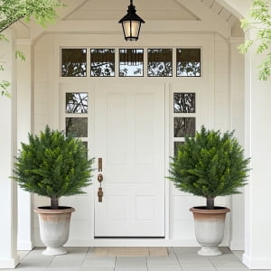 TEQIN Artificial Cedar Topiary Ball Tree with Ground Spike, 24.4" UV Resistant Artificial Bushes for Outdoors,2 Pcs Faux Shrubs, Weatherproof Fake Round Cypress Ball Bushes Plant for Front Porch