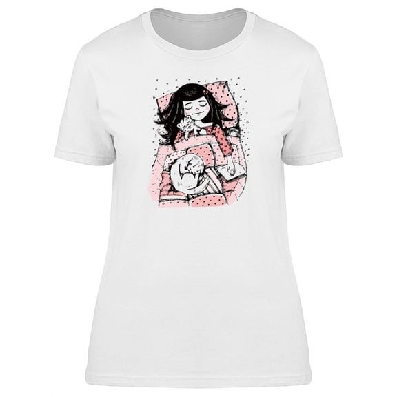 Cute Girl And Kitten Sleeping T-Shirt Women -Image by Shutterstock, Female Small
