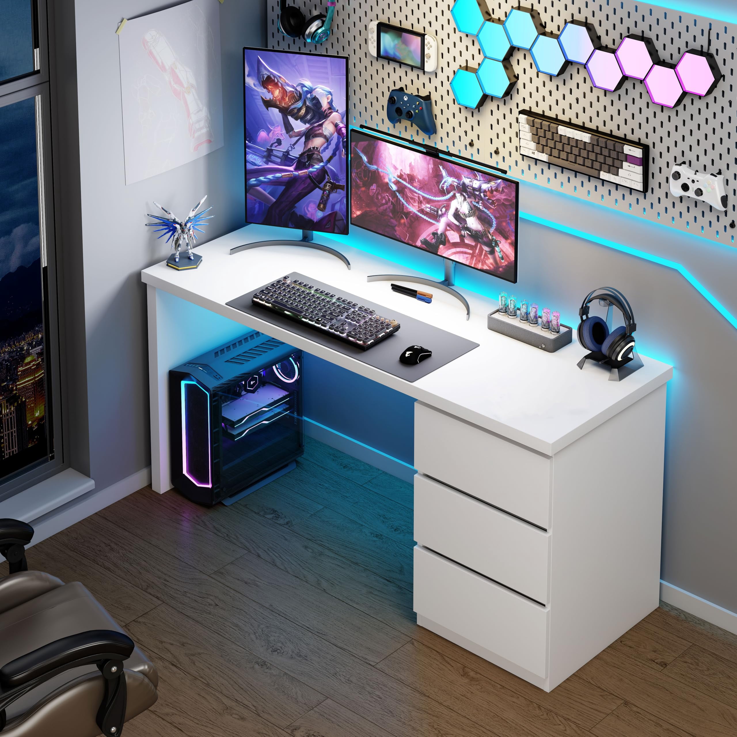 White Desk with Drawers, 55'' W Home Office Computer Desk Gaming Table, Modern Vanity Desk with Storage, Wood Writing Workstation for Bedroom, Living Room, White