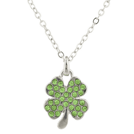 Lux Accessories Silvertone Rhinestone St. Patricks Day Four Leaf Clover Necklace