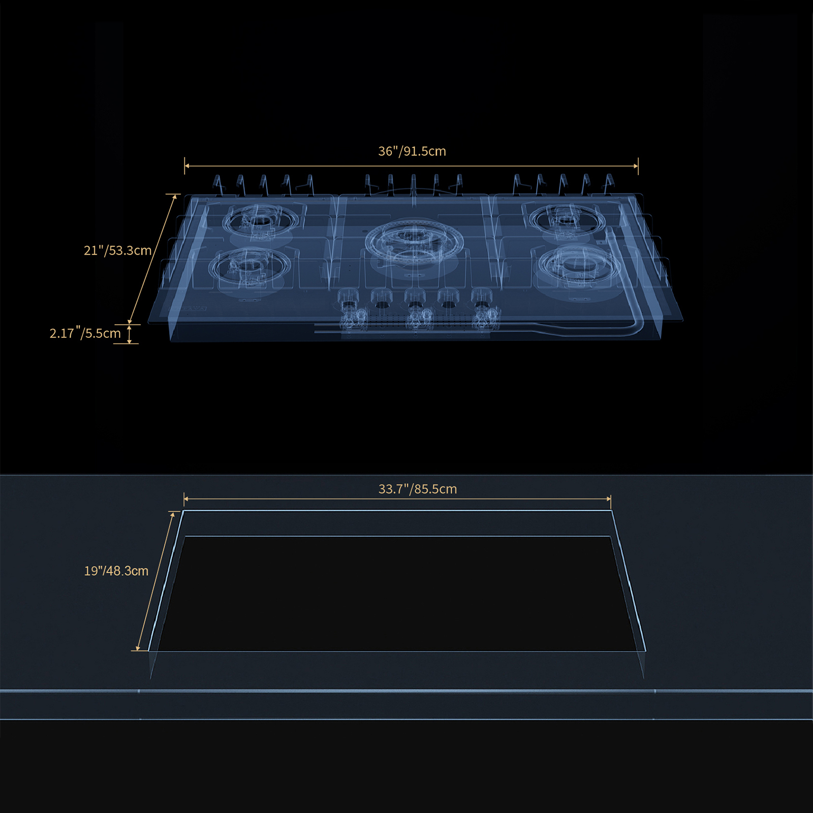 Empava 36 in. Gas Stove Cooktop 5 Italy Sabaf Sealed Burners NG/LPG Convertible in Black Tempered Glass