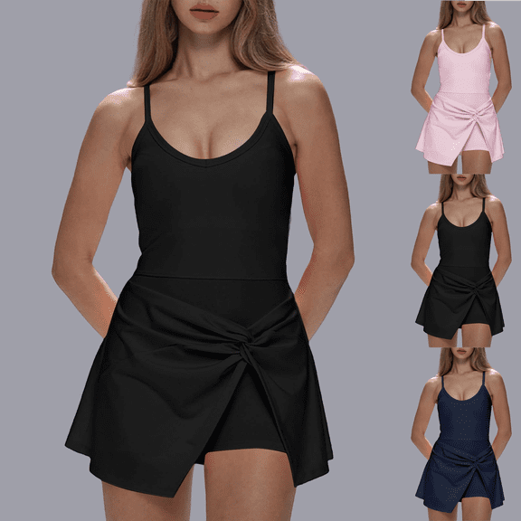 Mini Dresses for Women Spaghetti Strap Scoop Neck Sleeveless Solid Color Summer Casual Workout Gym Yoga Dresses S-XL