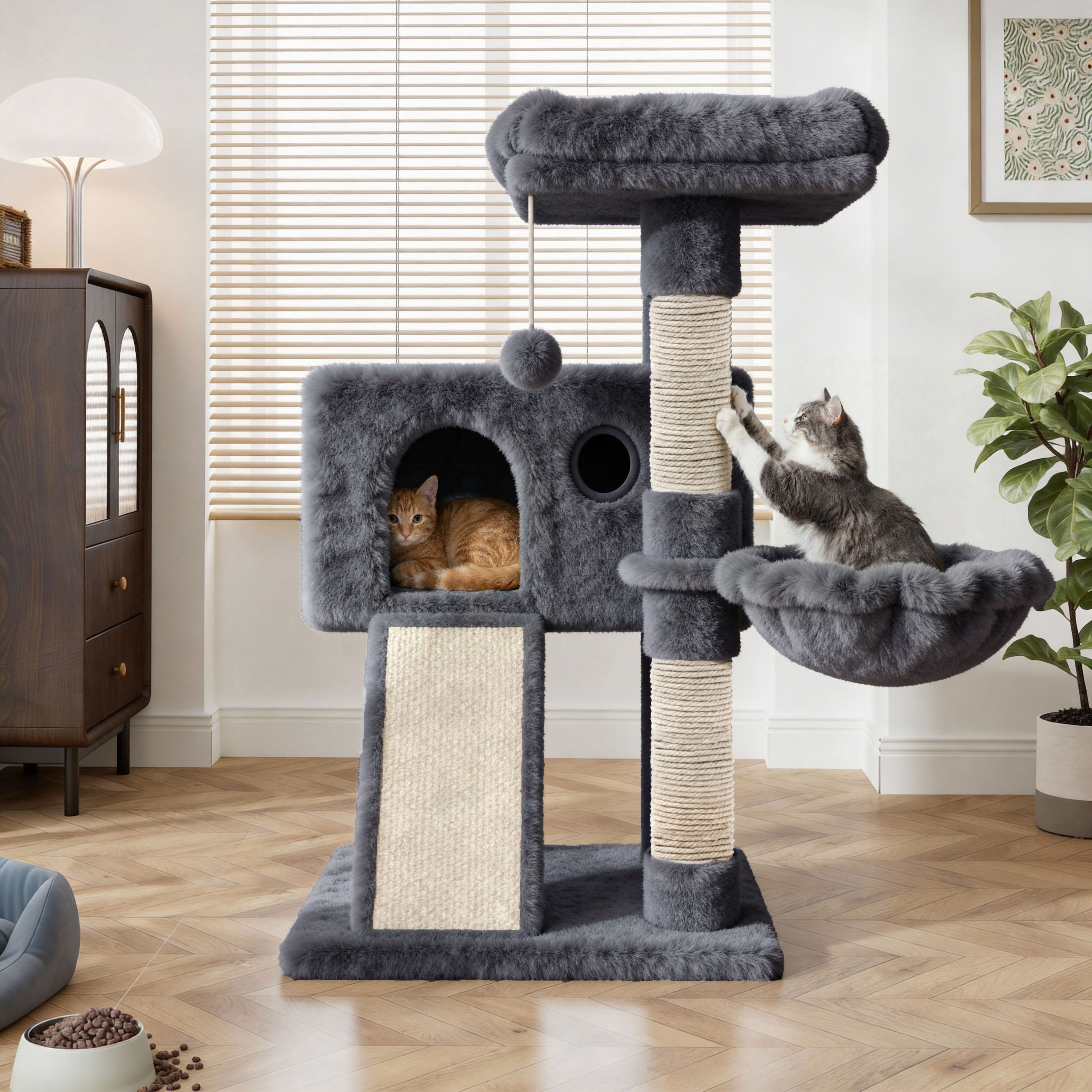 Amolife 36.6" Cat Tree Tower for Indoor Cats, Cat Condo with Plush Perch, Sisal Scratching Posts & Ramp, Cozy Cat Furniture, Blue