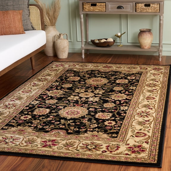 SAFAVIEH Lyndhurst Victoria Floral Area Rug, Black/Ivory, 5'3" x 5'3" Square