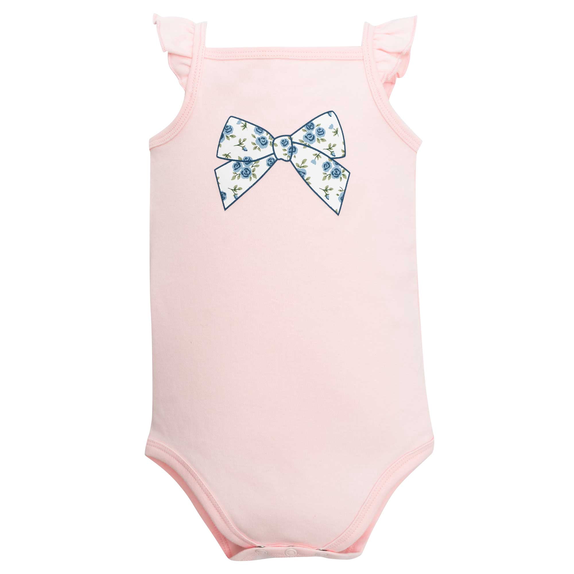 Hudson Baby Girl Cotton Bodysuit, Shorts and Shoe Set, Blue Pink Rose Bow, 12-18 Months
